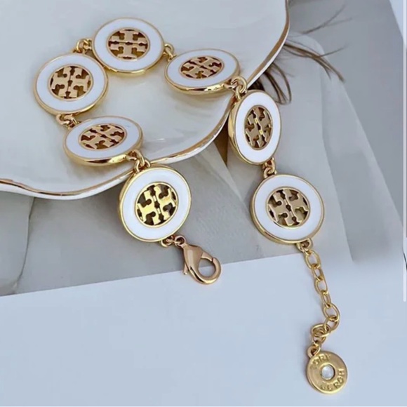 Tory Burch Jewelry - Authentic Tory Burch 18 Gold Plated White and Gold Enamel Logo Link Bracelet New
